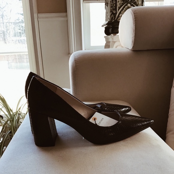 Snakeskin Patent Genuine Leather Block Heel Pumps - Picture 7 of 8